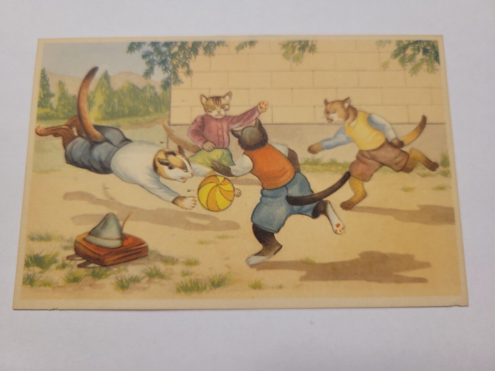 Vintage ALFRED MANZIER CATS PLAYING SOCCER POSTCARD Rare HTF Card UNUSED 