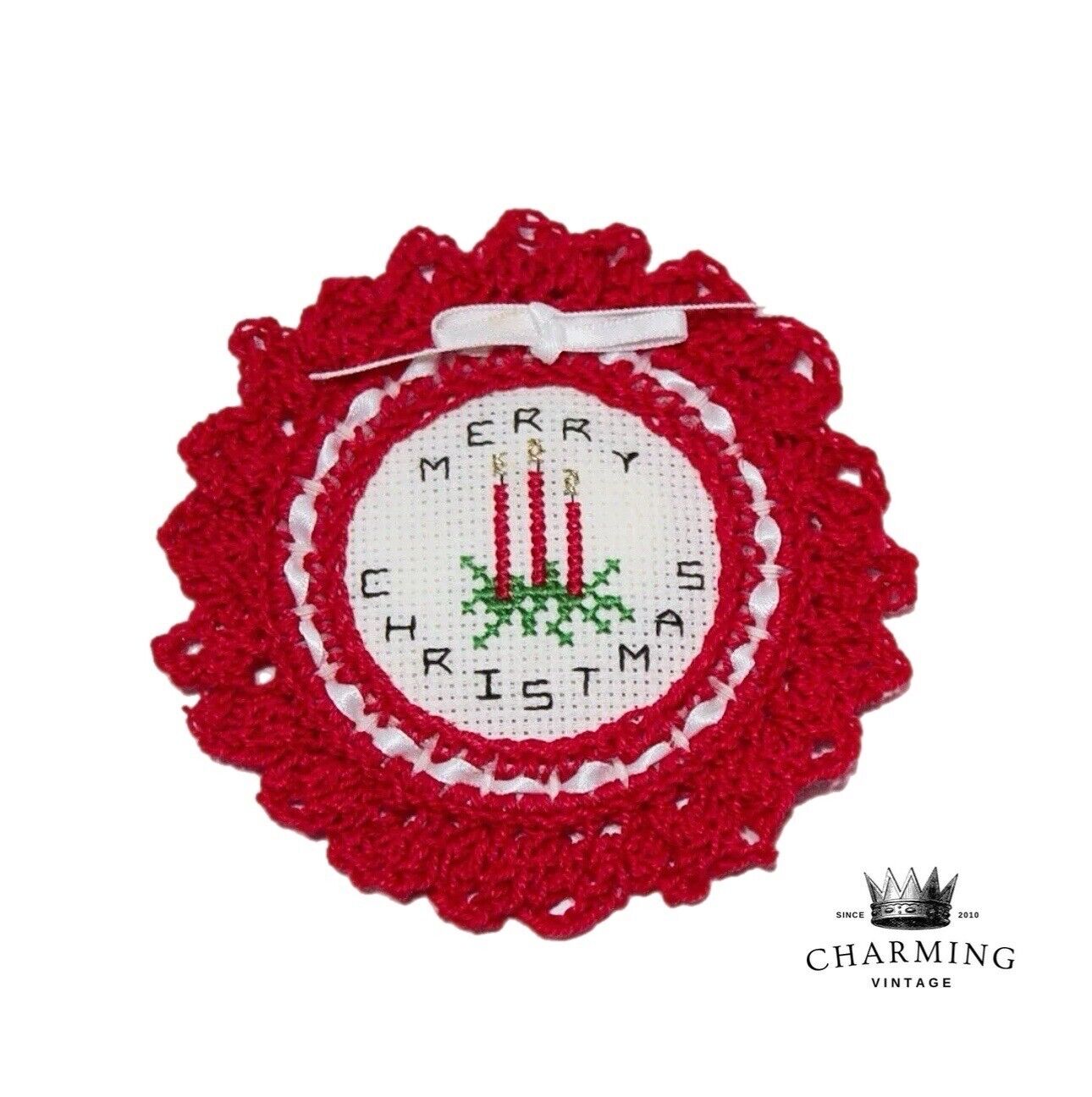 Vintage Handmade Cross Stitch Lace 3 Candle Merry Christmas Fridge Magnet