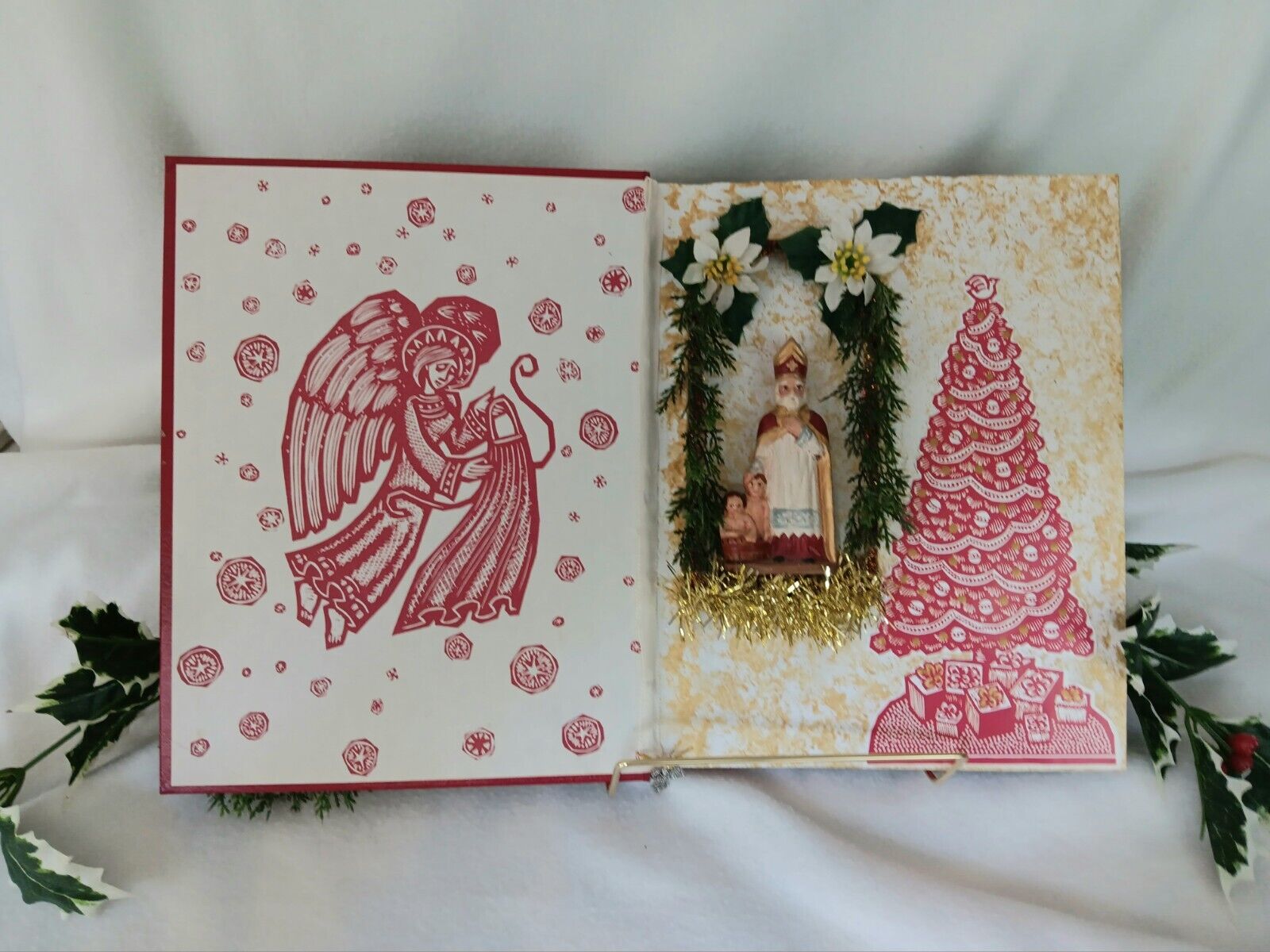 Christmas Chalkware St. Nicholas Book Diorama Assemblage, OOAK, & Stand, 16x 10\