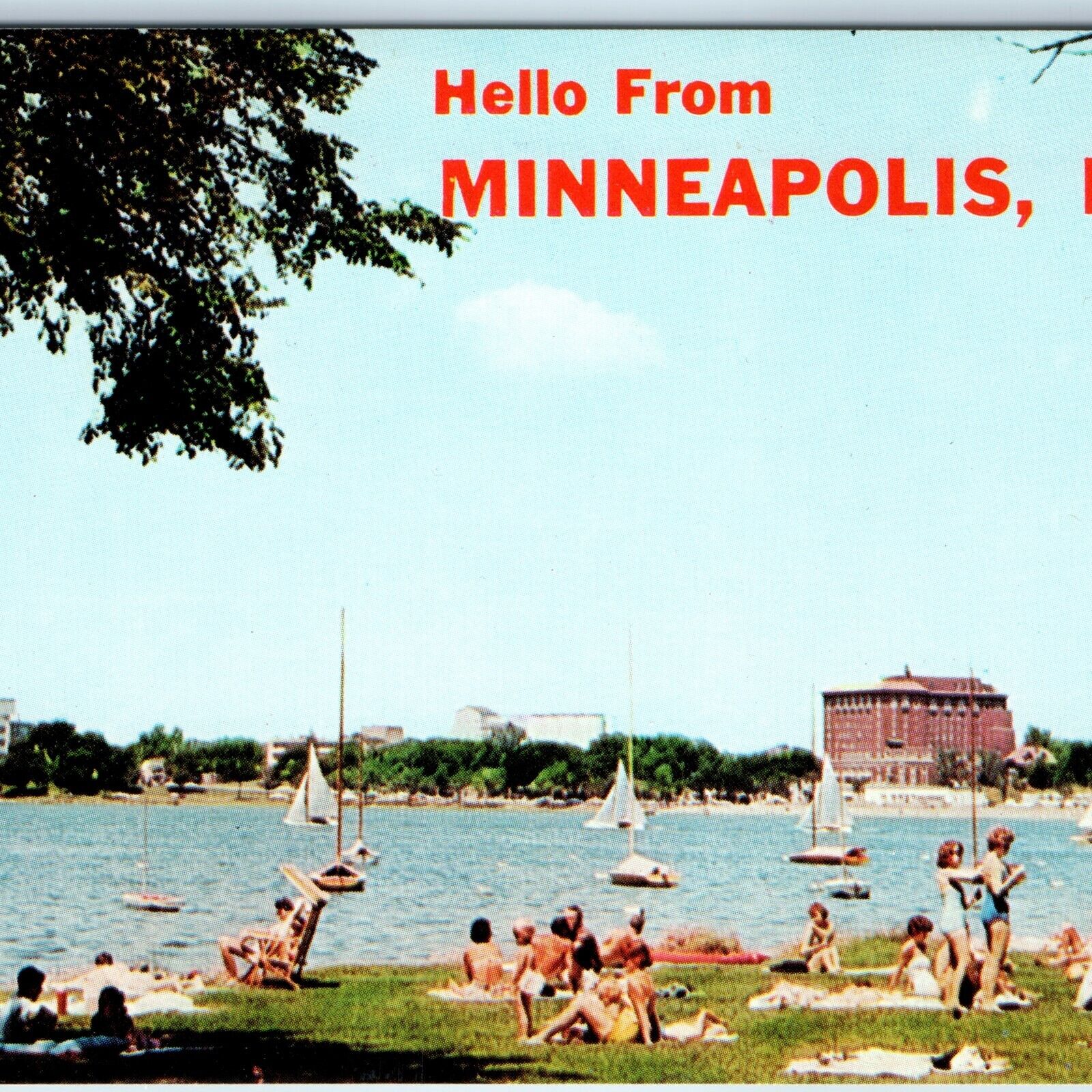 1963 Minneapolis MN Greetings Lake Calhoun Crowd Summer Picnic Hello Chrome A223