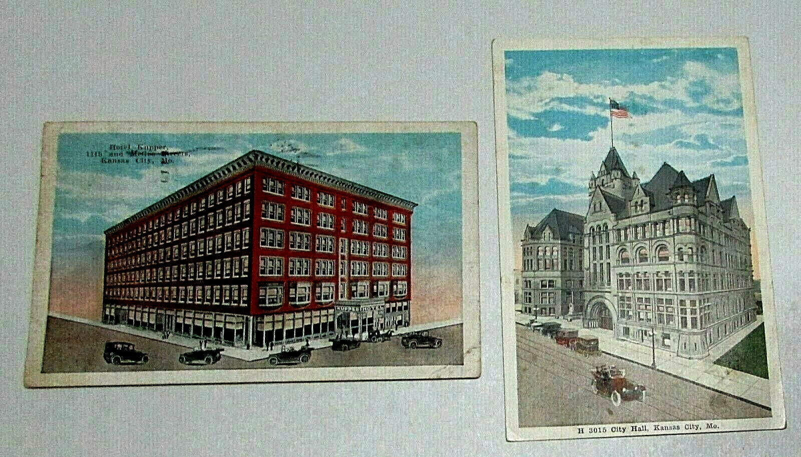Two Old 1920\'s Kansas City MO Antique Postcards Hotel Kupper and City Hall
