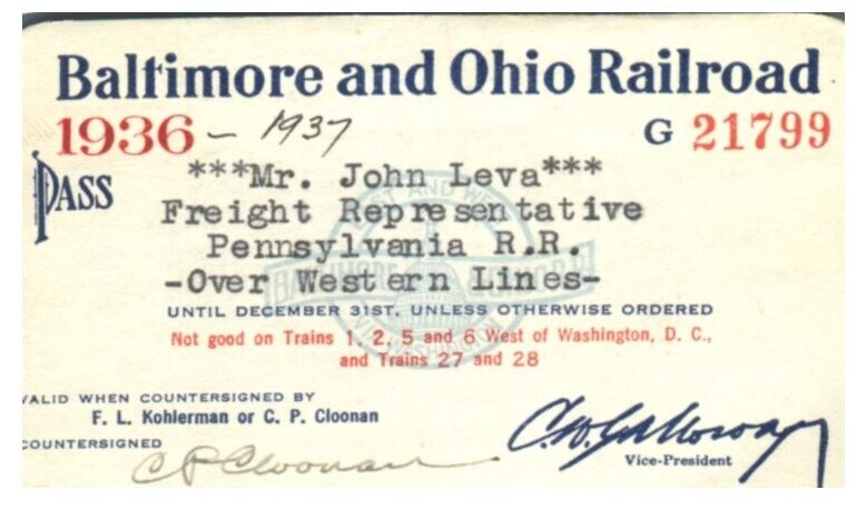 PASS Baltimore & Ohio Railroad  1936  Mr. John Leva