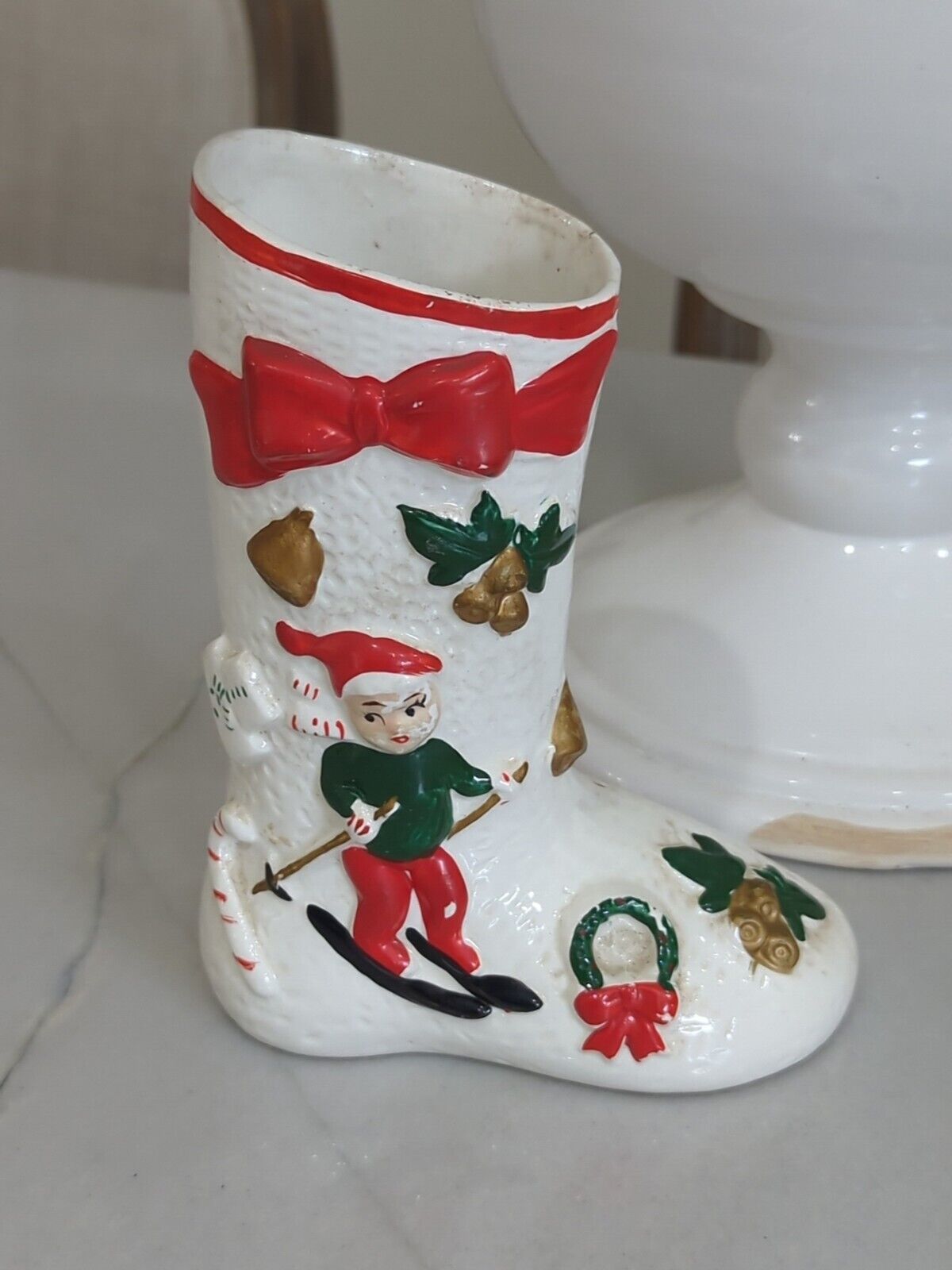 Vintage JAPAN? 50\'s Boot 6 Xmas Elf Sledding Porcelain? Santa