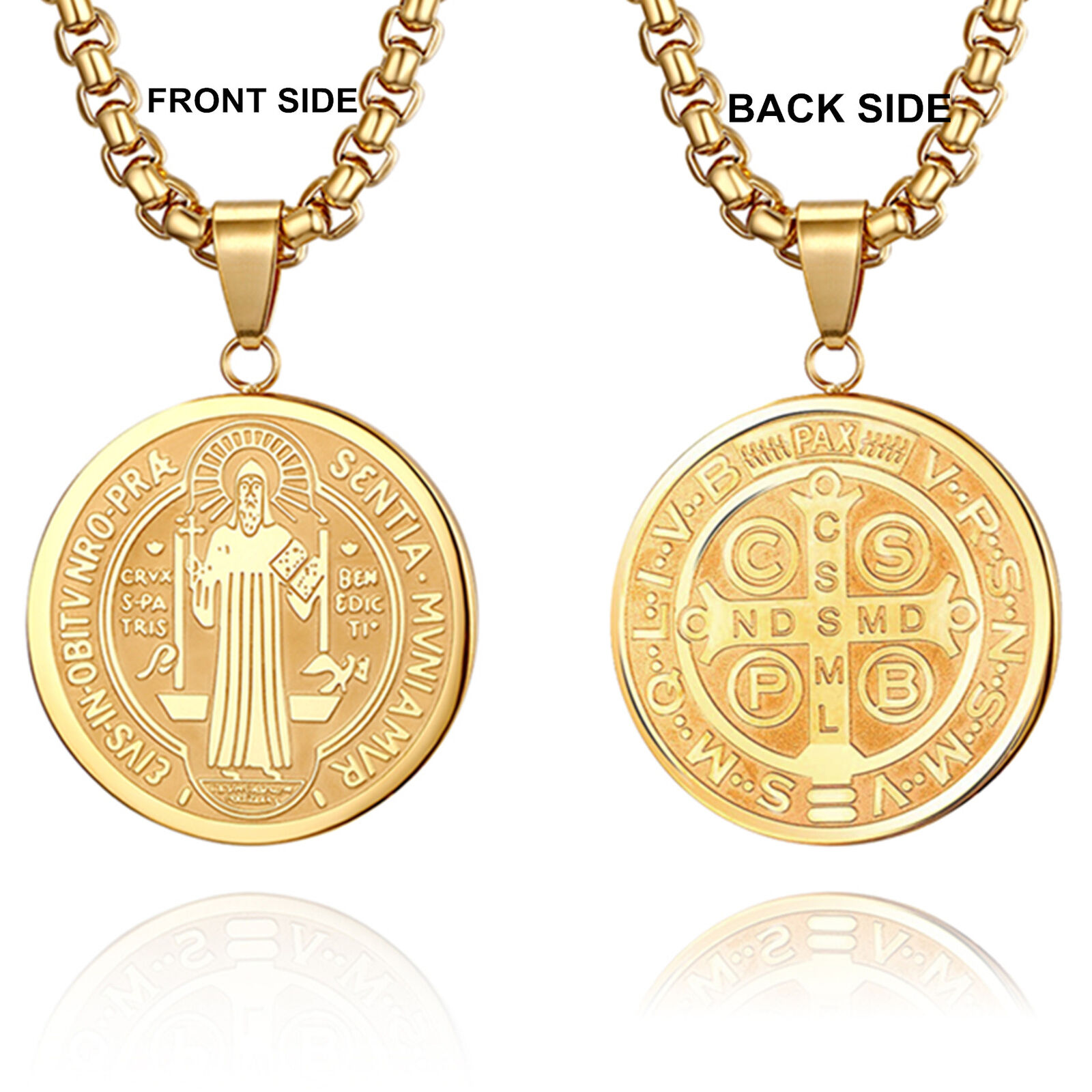 St Saint Benedict Medal Gold Plated Exorcism Pendant Necklace Stainless Steel