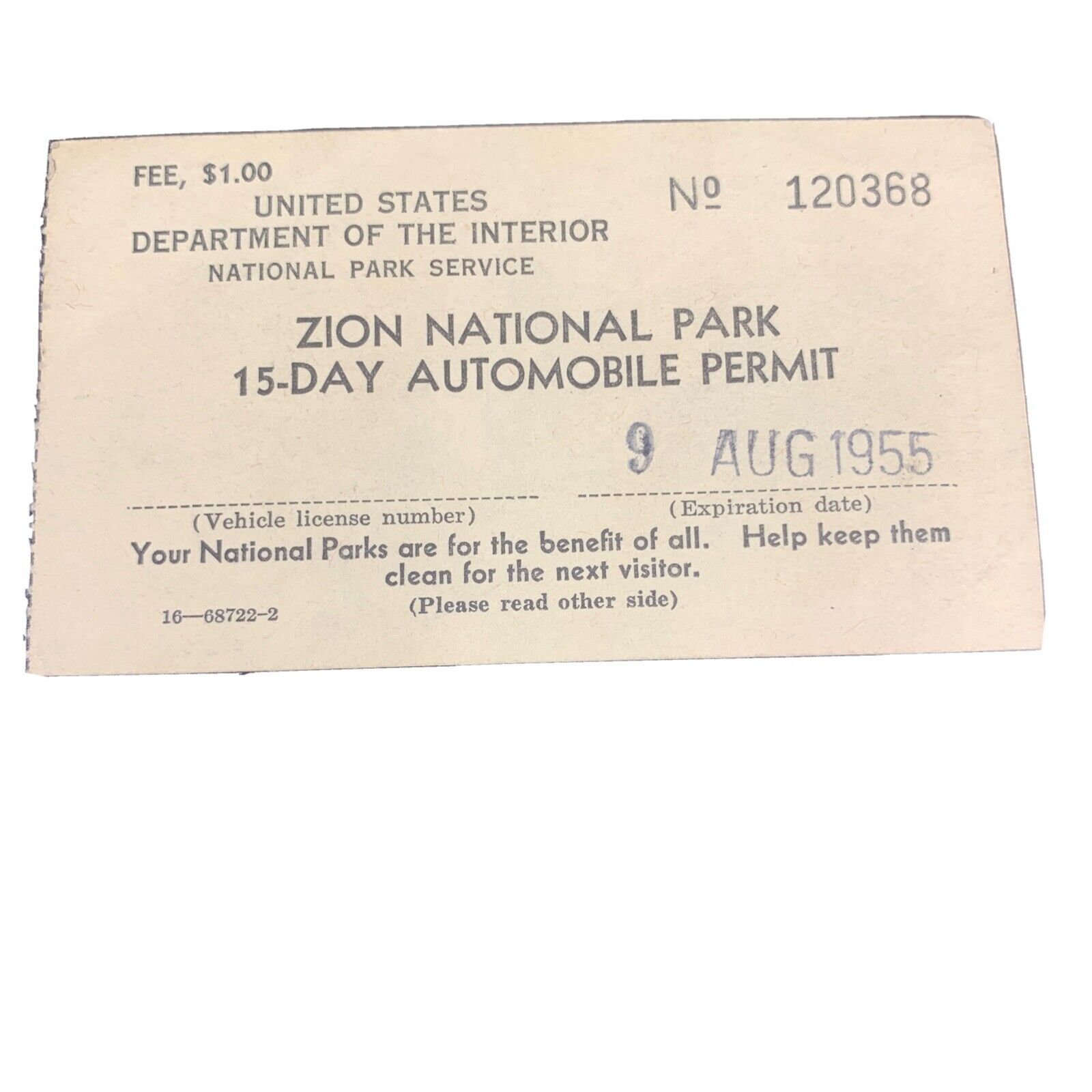 Zion National Park 15 Day Automobile Permit 1955 Vintage
