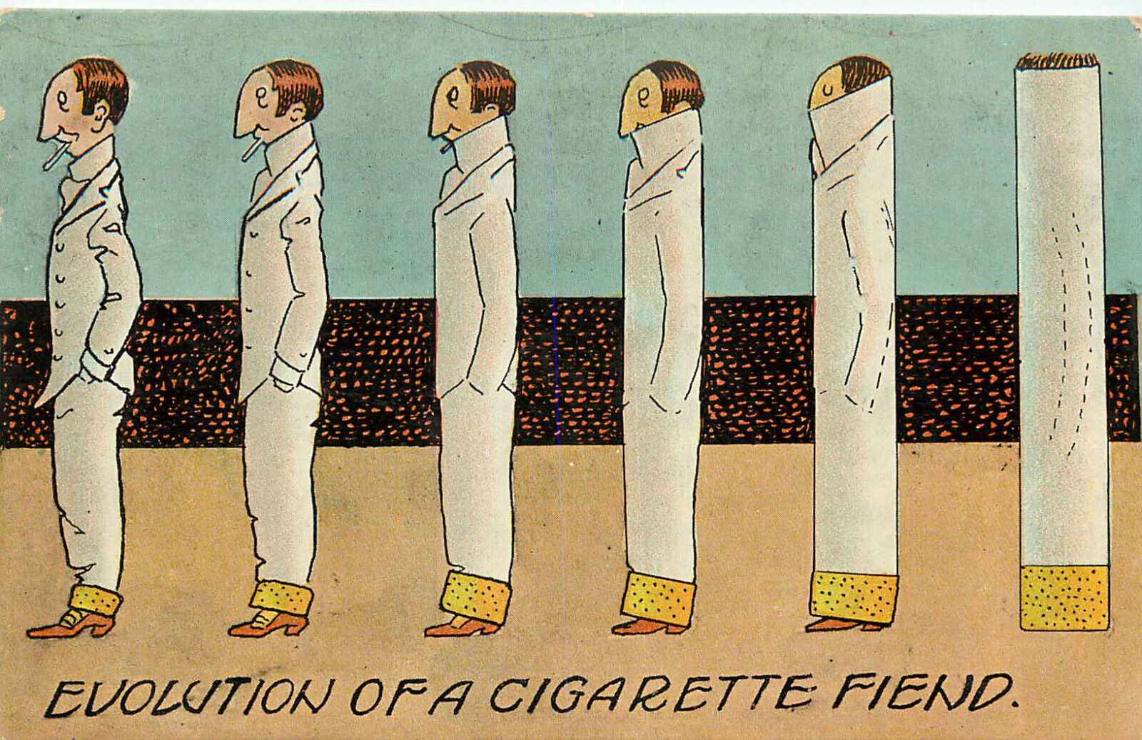 Vintage Postcard Evolution Of a Cigarette Fiend Man Turns into a Cigarette