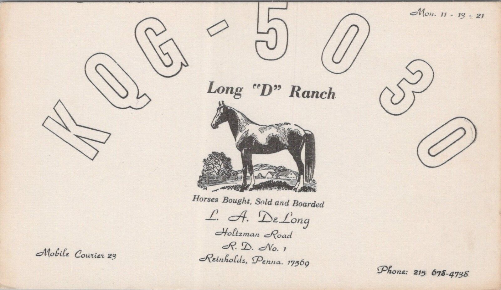 CB radio QSL postcard KQG-5030 horse L.A. De Long 1960s Reinholds Pennsylvania