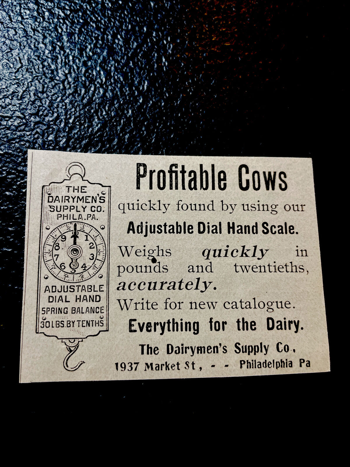 ORIGINAL 1899 Dairymen Farm Scales Advertising - Philadelphia