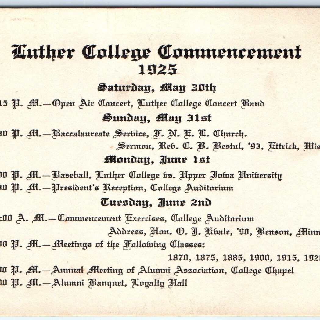 1925 Des Moines, IA Luther College Commencement Card Set Invitation Schedule C31