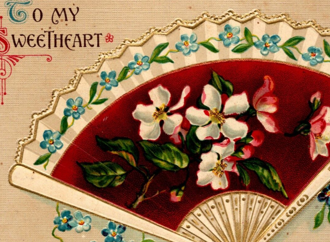 1913 Vintage Valentine Postcard Victorian Hand Fan Pansies To My Sweeheart