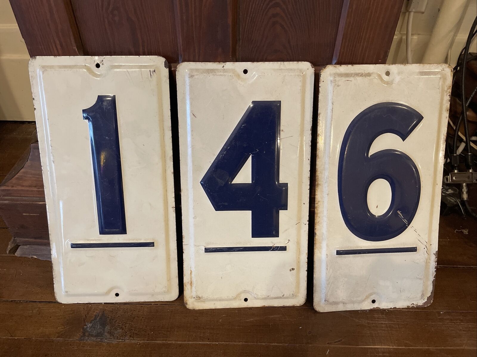 Vintage Embossed Gas Station Numbers 1, 4, and 6,  14.5” x 7.5”