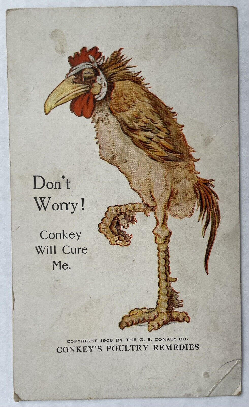 1908 CONKEY\'S AGENCY POULTRY STOCK REMEDIES CHICKEN SICK ROOSTER trade card