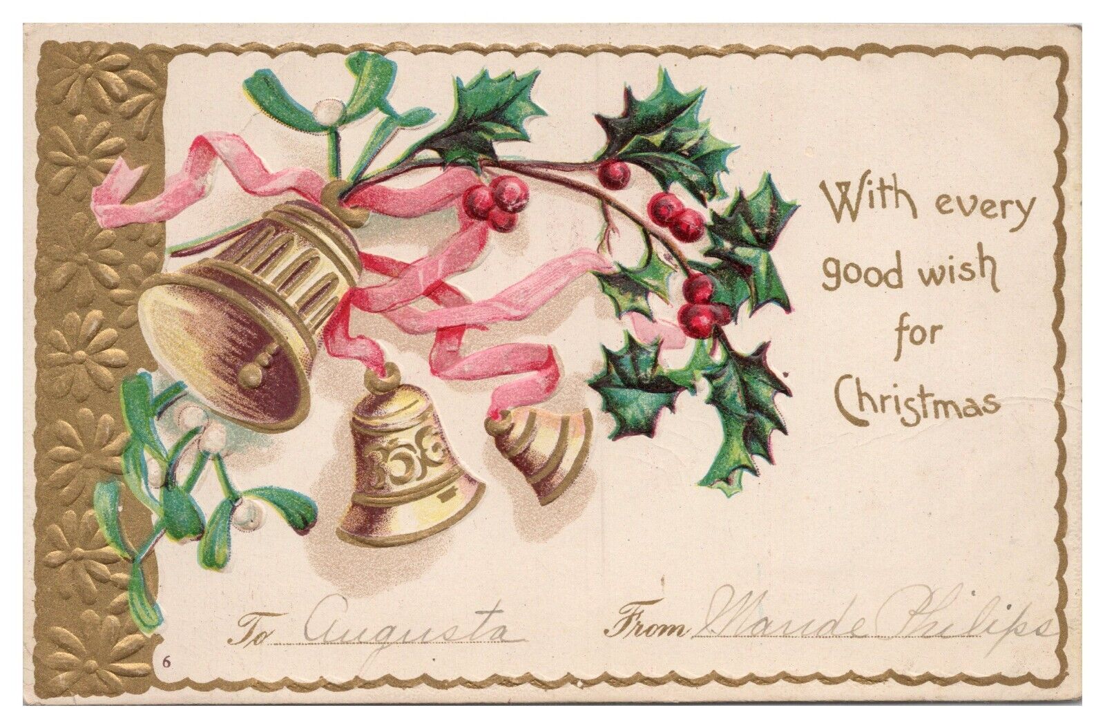 Vintage Embossed Christmas Postcard With Every Good Wish Unposted Bells Holly