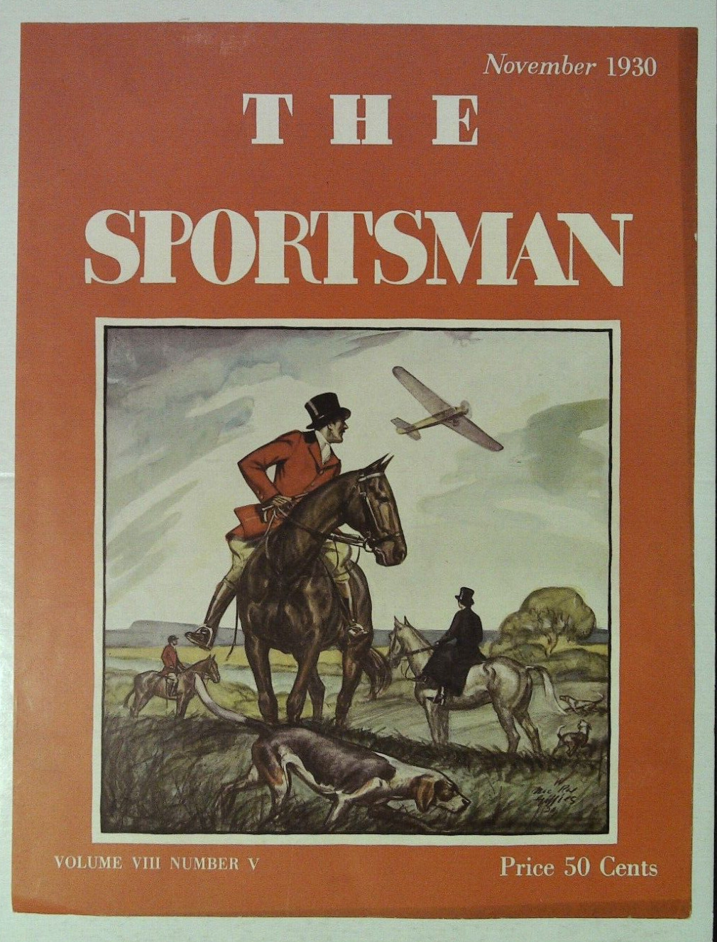 NOVEMBER 1930 THE SPORTSMAN MAGAZINE COVER FOX HUNTING & DOGS ILLUSTRATION