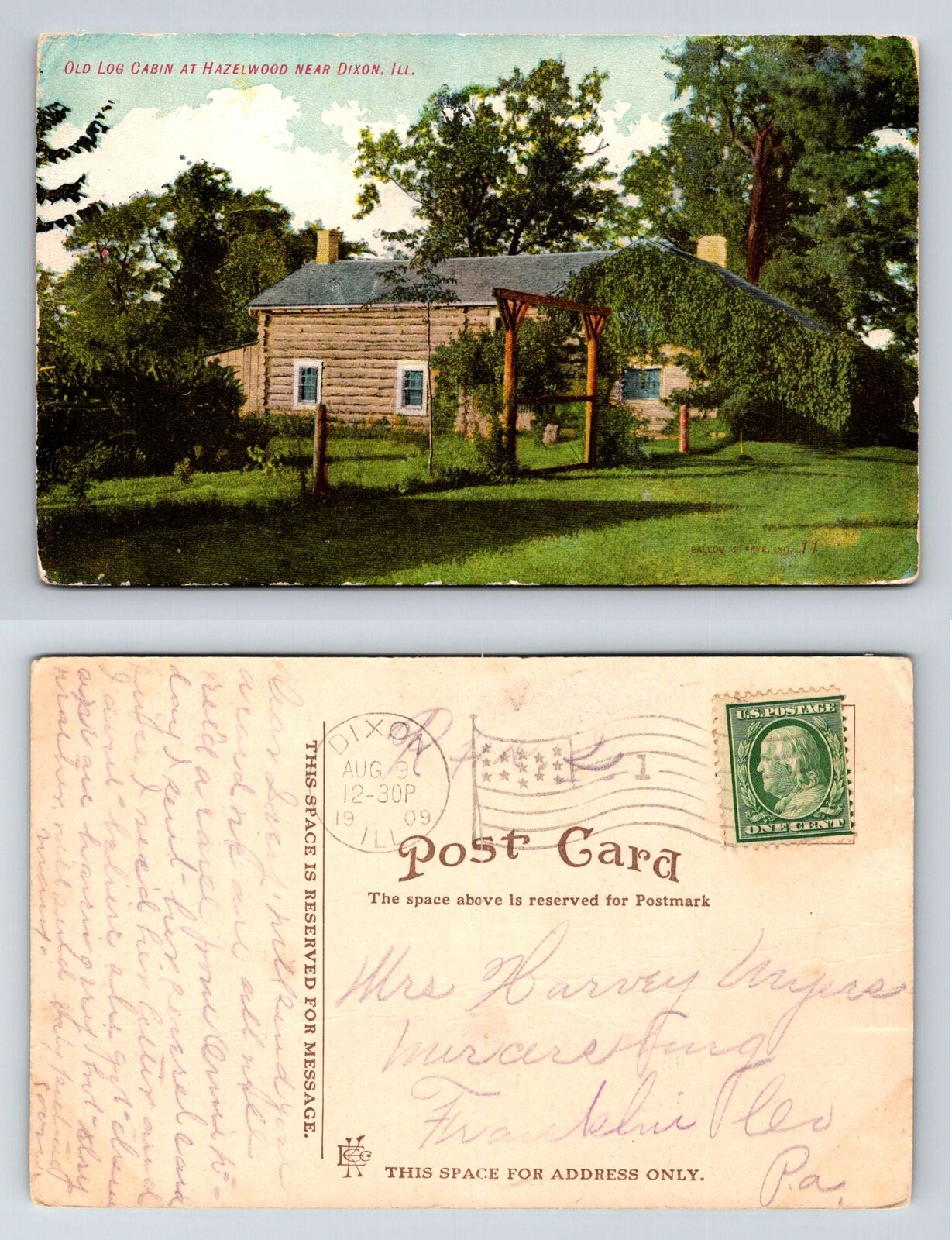 Old Log Cabin Hazelwood Near Dixon Illinois Postcard 1909 Divided Back