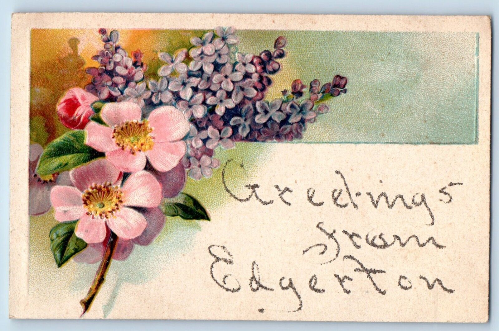 Edgerton Wisconsin WI Postcard Greetings Flowers Glitter Embossed 1910 Unposted