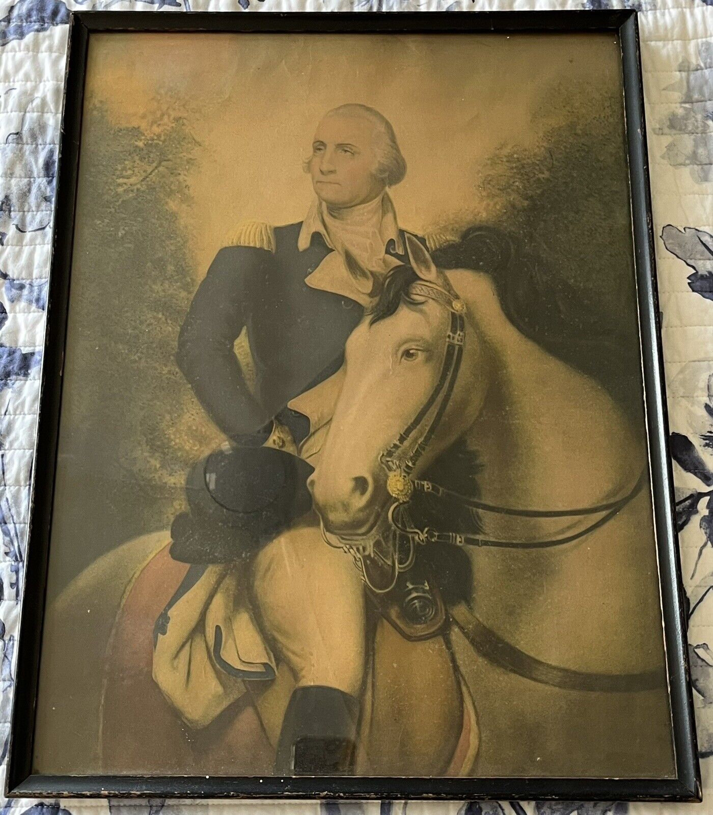 Antique George Washington Portrait w/Horse Blueskin ~ Litho ~ Print