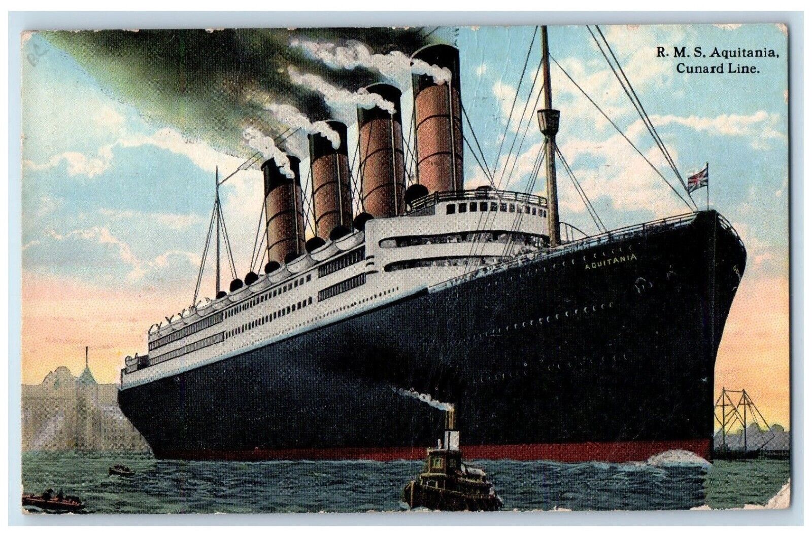 1914 R.M.S. Aquitania Cunard Line Steamer Cruise Ferry Ship NY Vintage Postcard