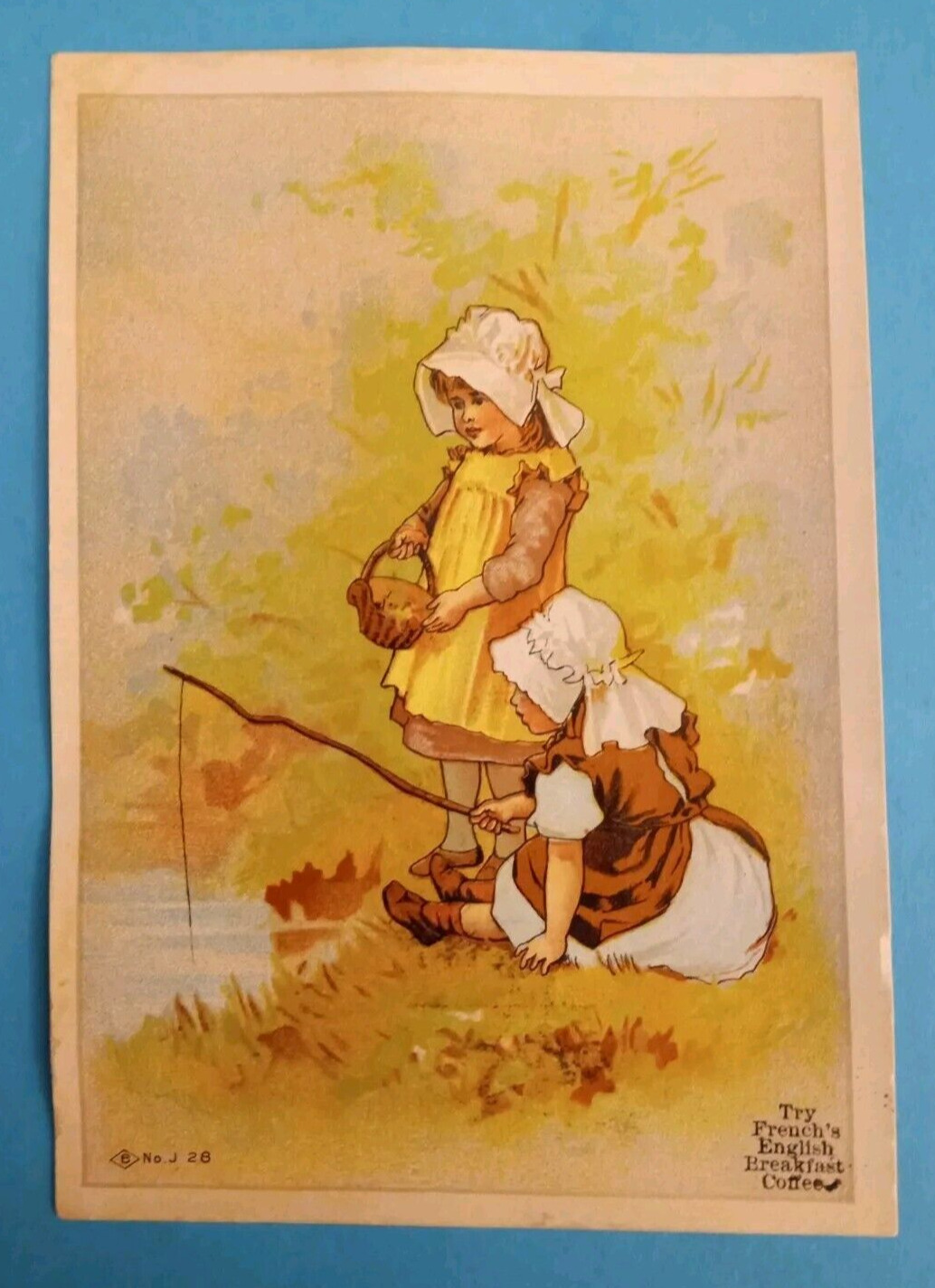 Victorian Trade Card Two Little Girls Fishing With Stick Pole