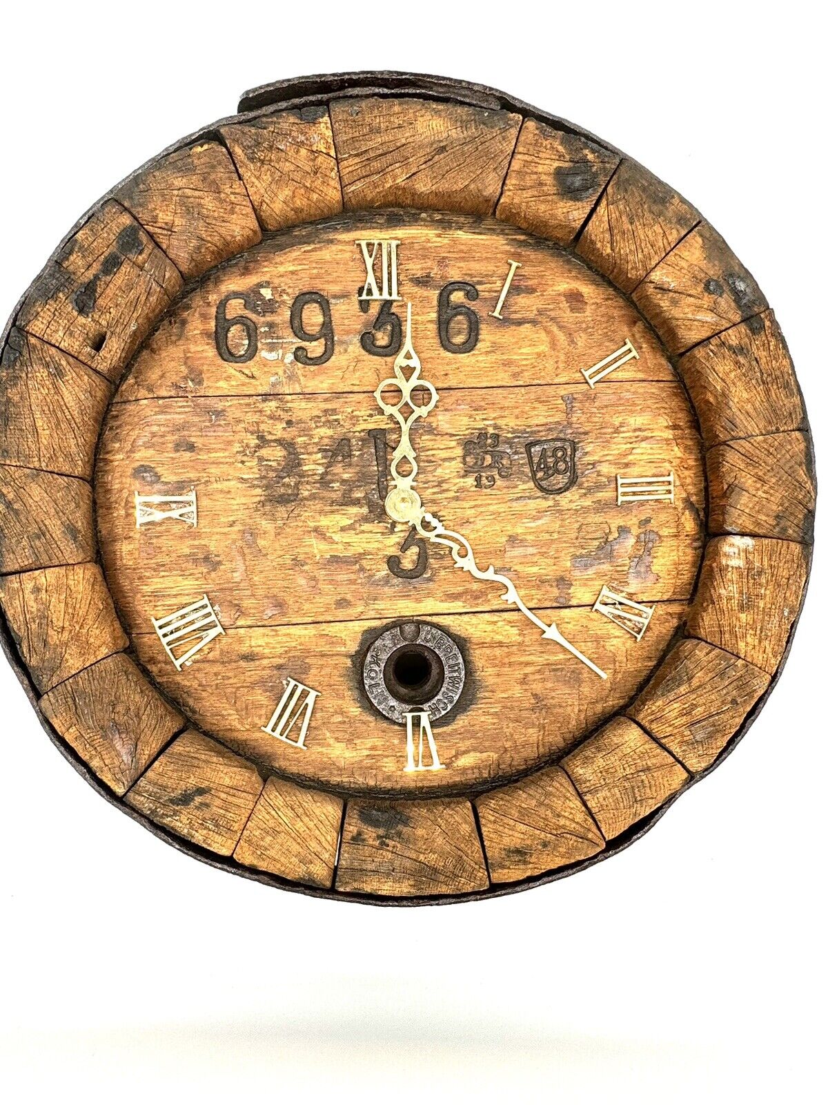Vintage Handmade Barrel Wood Wall Clock, 14”