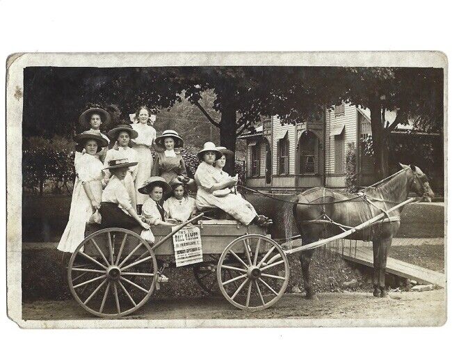 c1910 Group Of Women On Wagon Advertising BIG BASEBALL GAME Poster RPPC Postcard