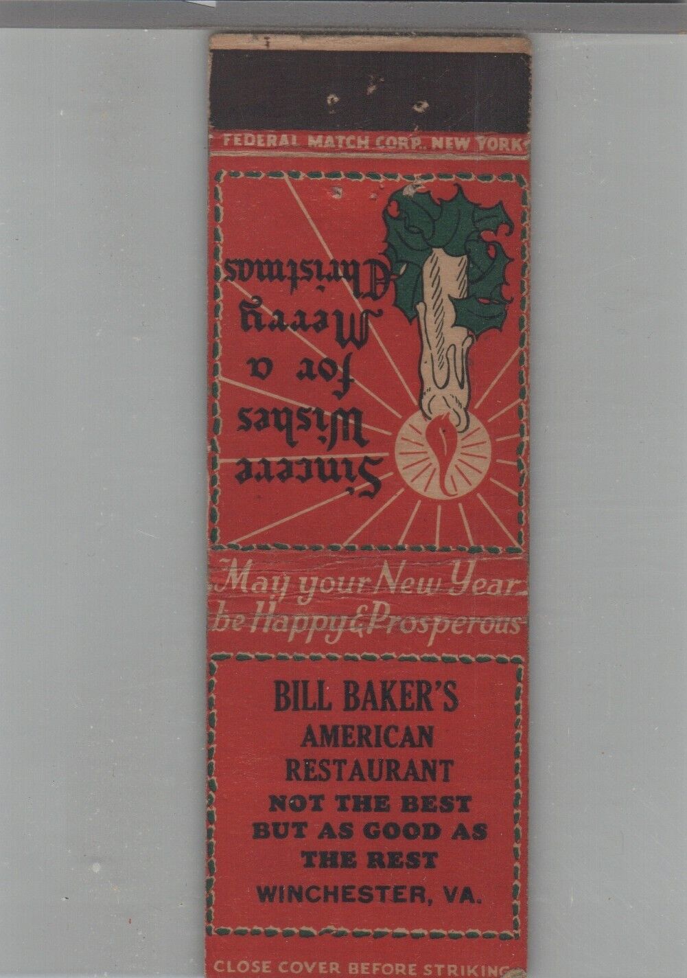 Matchbook Cover 1920s-30's Federal Bill Bakers American Restaurant Winchester VA
