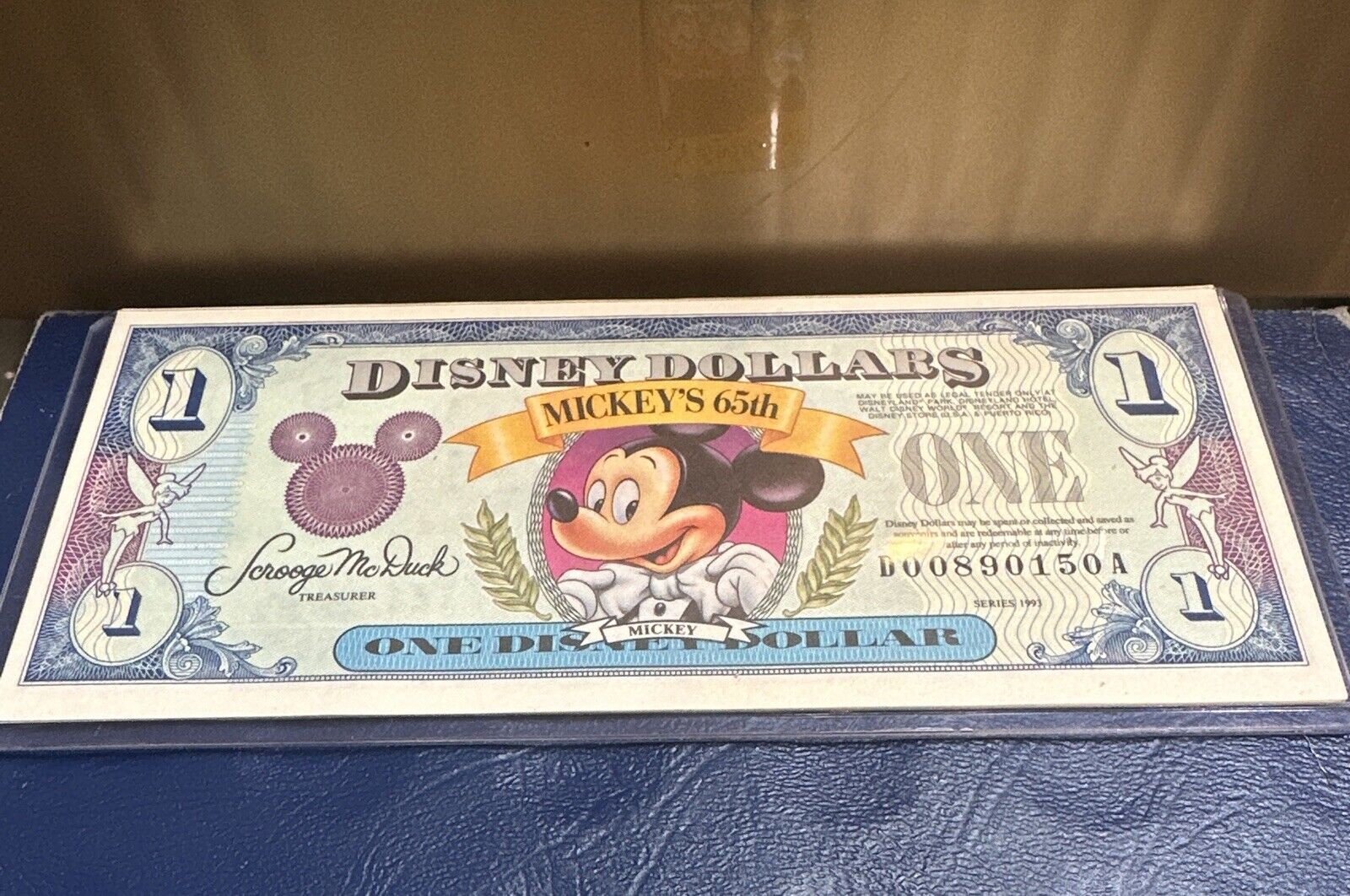 1993 $1 One Disney Dollar Mickey Mouse 65th Anniversary Note Uncirculated