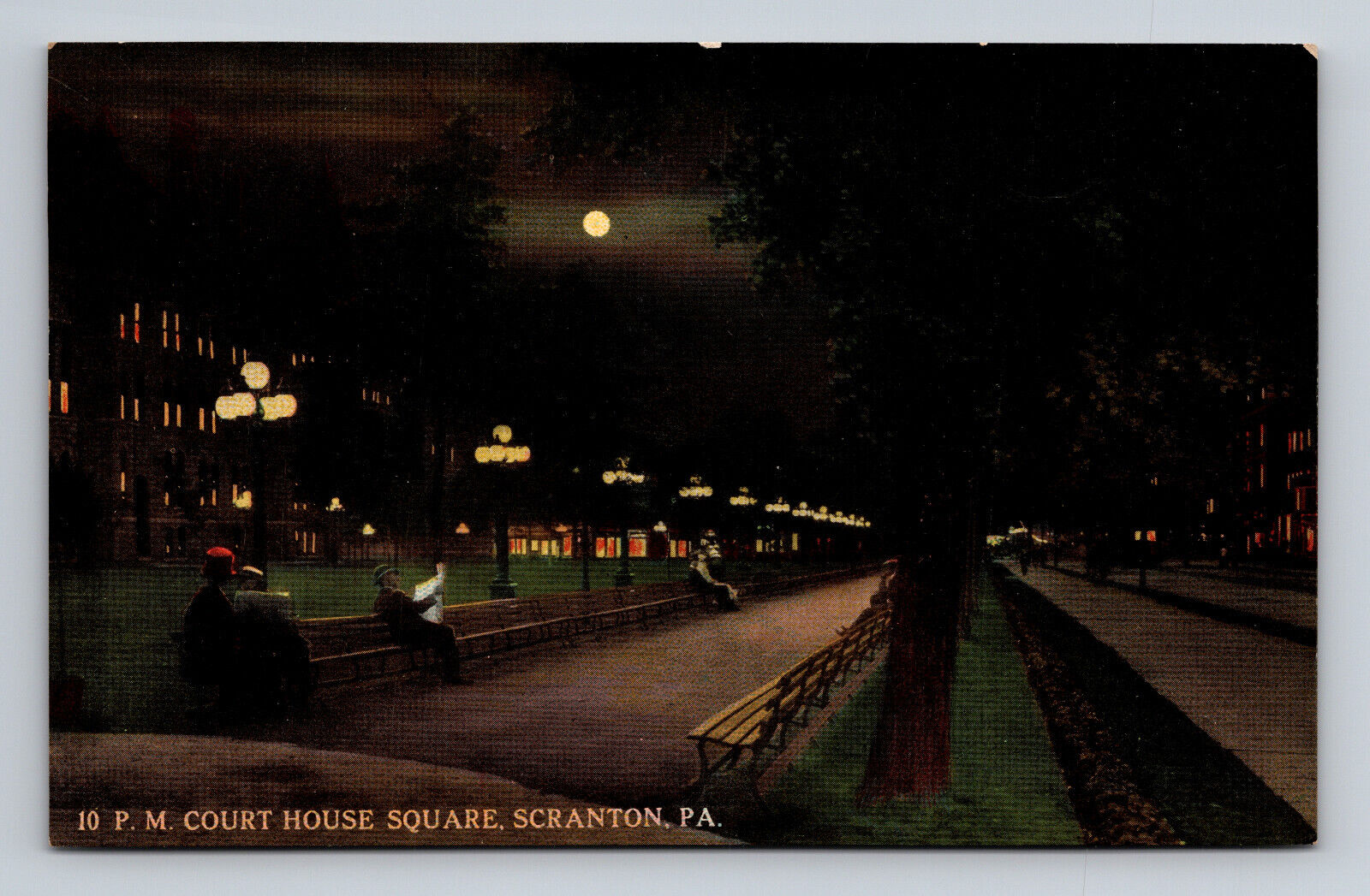 10 PM Court House Square Scranton PA Eerie Night Full Moon DB Unposted Postcard