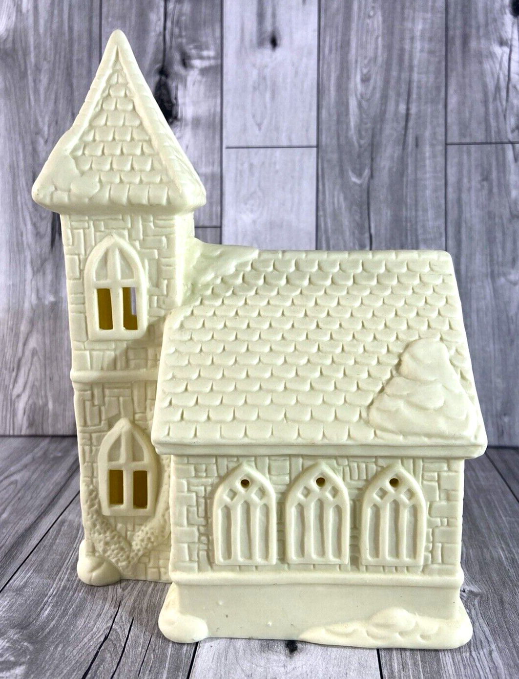 Cream Colored Porcelain Bisque Christmas Church - 7.5  Inches Tall - w/Snow