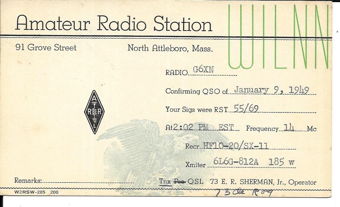 QSL 1949 North Attleboro MA    radio card