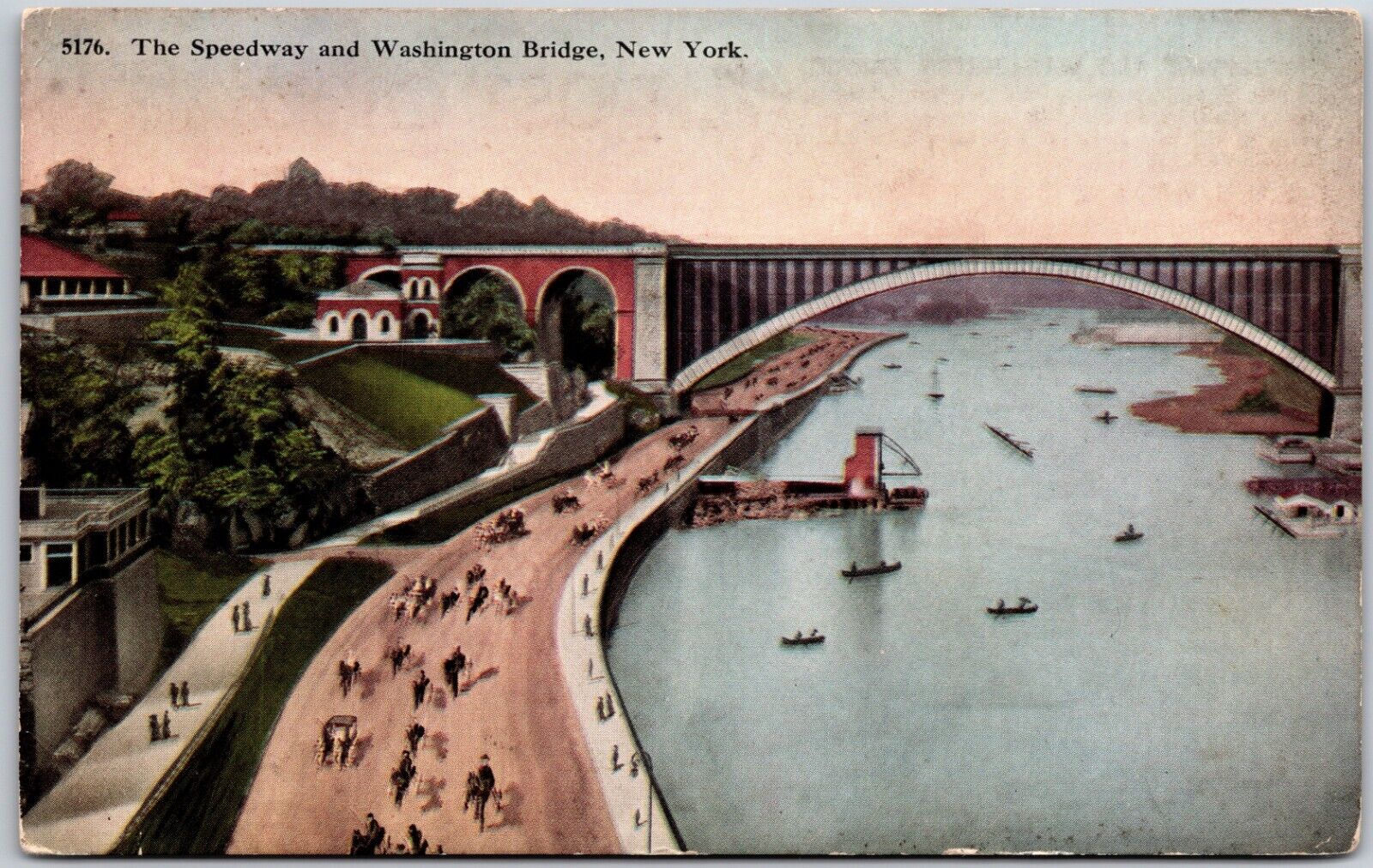 The Speedway & Washington Bridge New York NY Horse Carriage Vintage Postcard