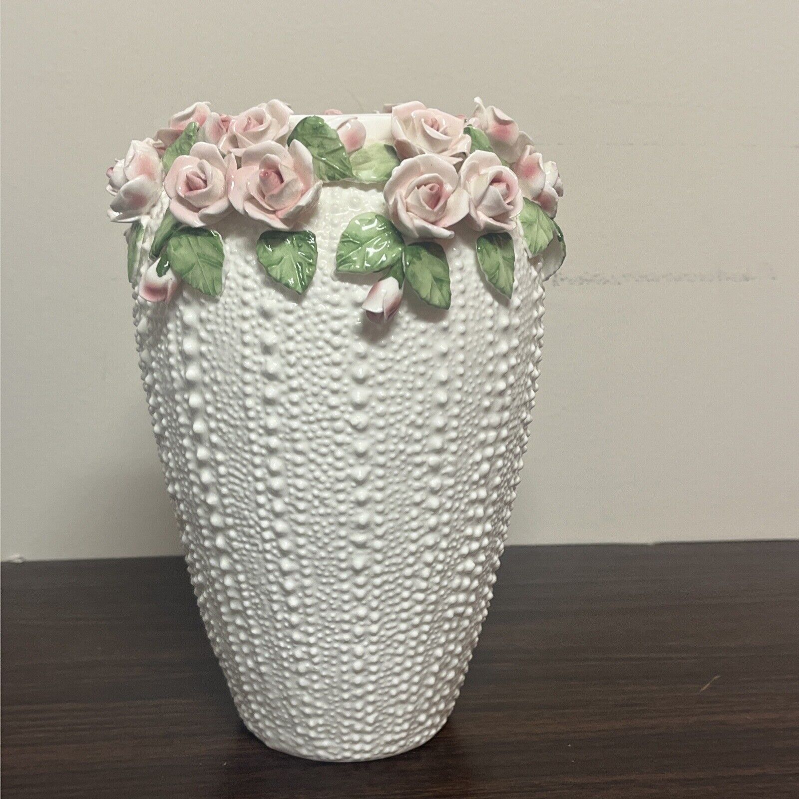 Vintage Jolie Fleurs Bone China Applied Pink Roses Vase Seymour Mann 1987 8.5\