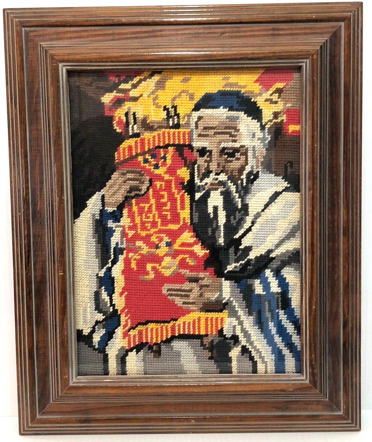 Vintage Judaica Jewish Rabbi With Torah Stitched Art Jerusalem Israel Hebrew