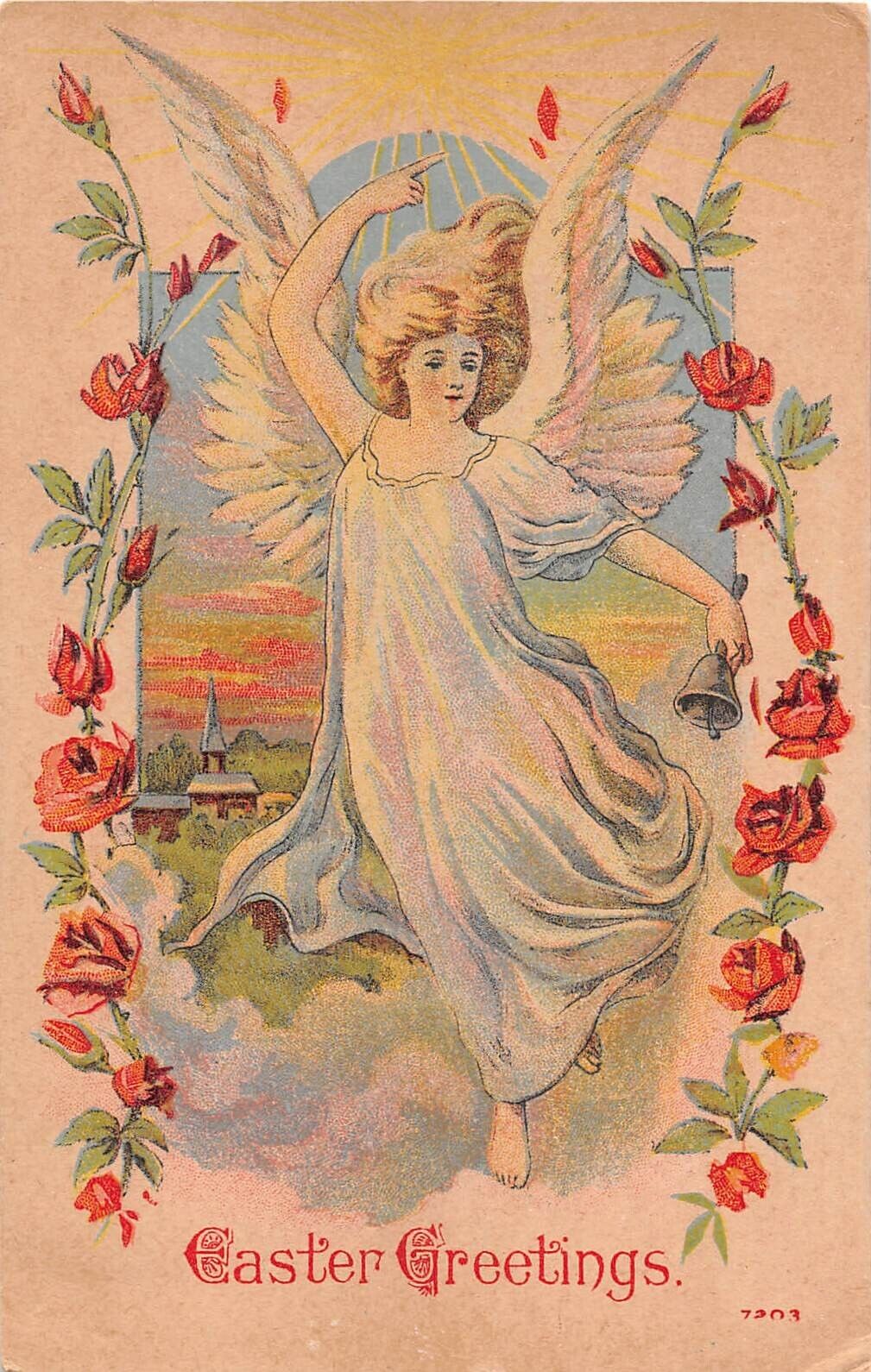 Lovely Angel With Bell & Roses in the Clouds Above a Church-1912 Easter PC-7203