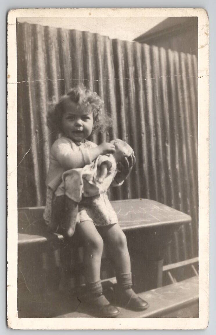 RPPC Cute Curly Hair Little Girl With Baby Doll c1930 Real Photo Postcard S30