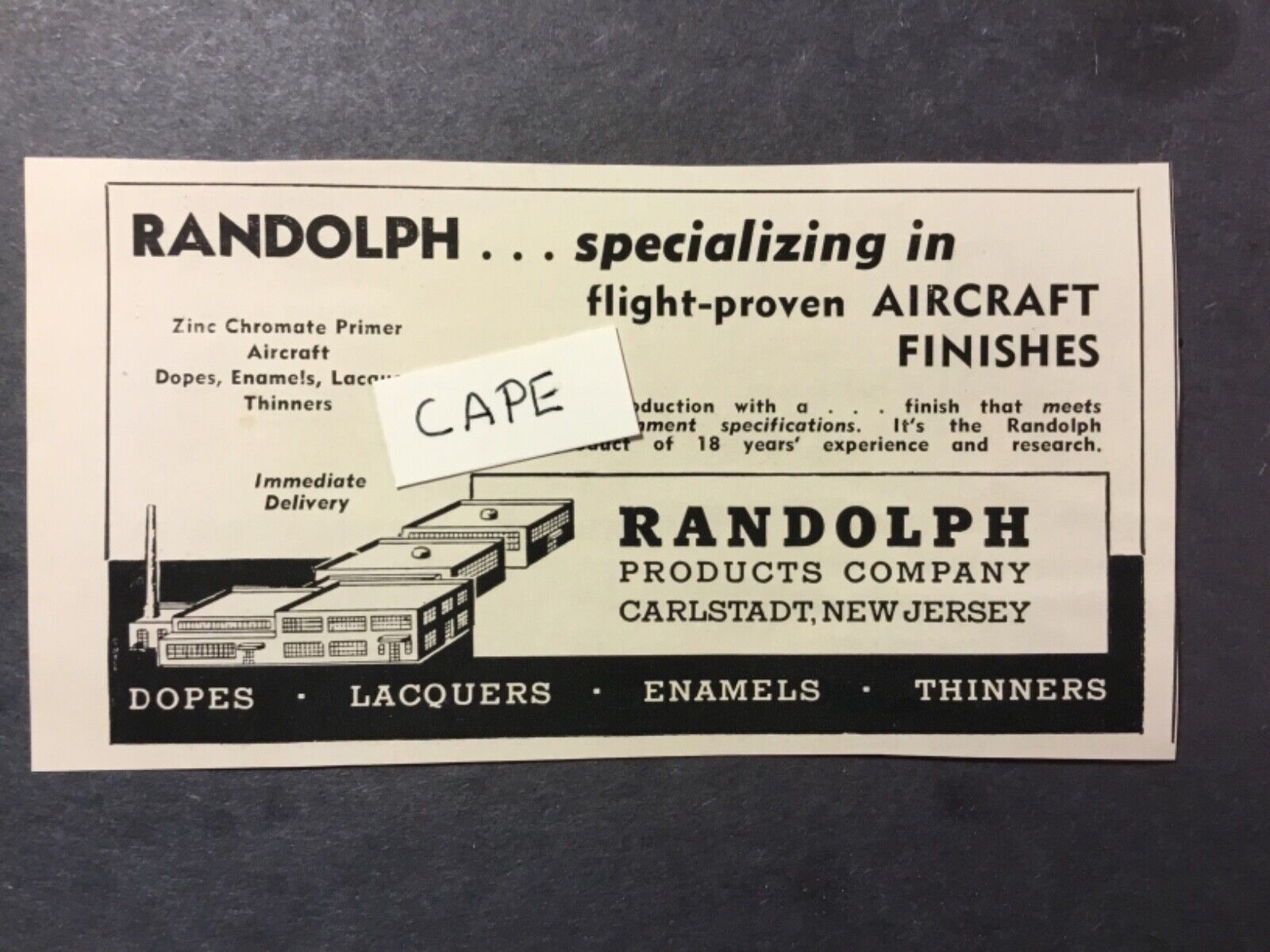 Randolph Products Company. Carlstadt, New Jersey. Rare 1952 Ad. Aircraft Finishe