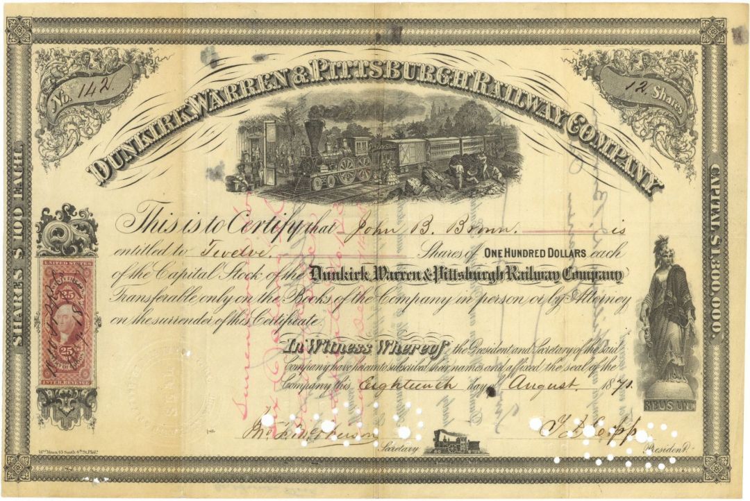Dunkirk, Warren and Pittsburgh Railway - 1870's Railroad Stock Certificate - Rai