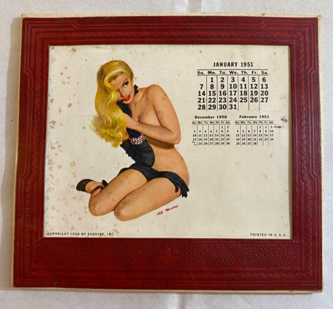 1951 ESQUIRE GIRL LEATHERETTE Desk Calendar, art by Al Moore, Vintage, some wear