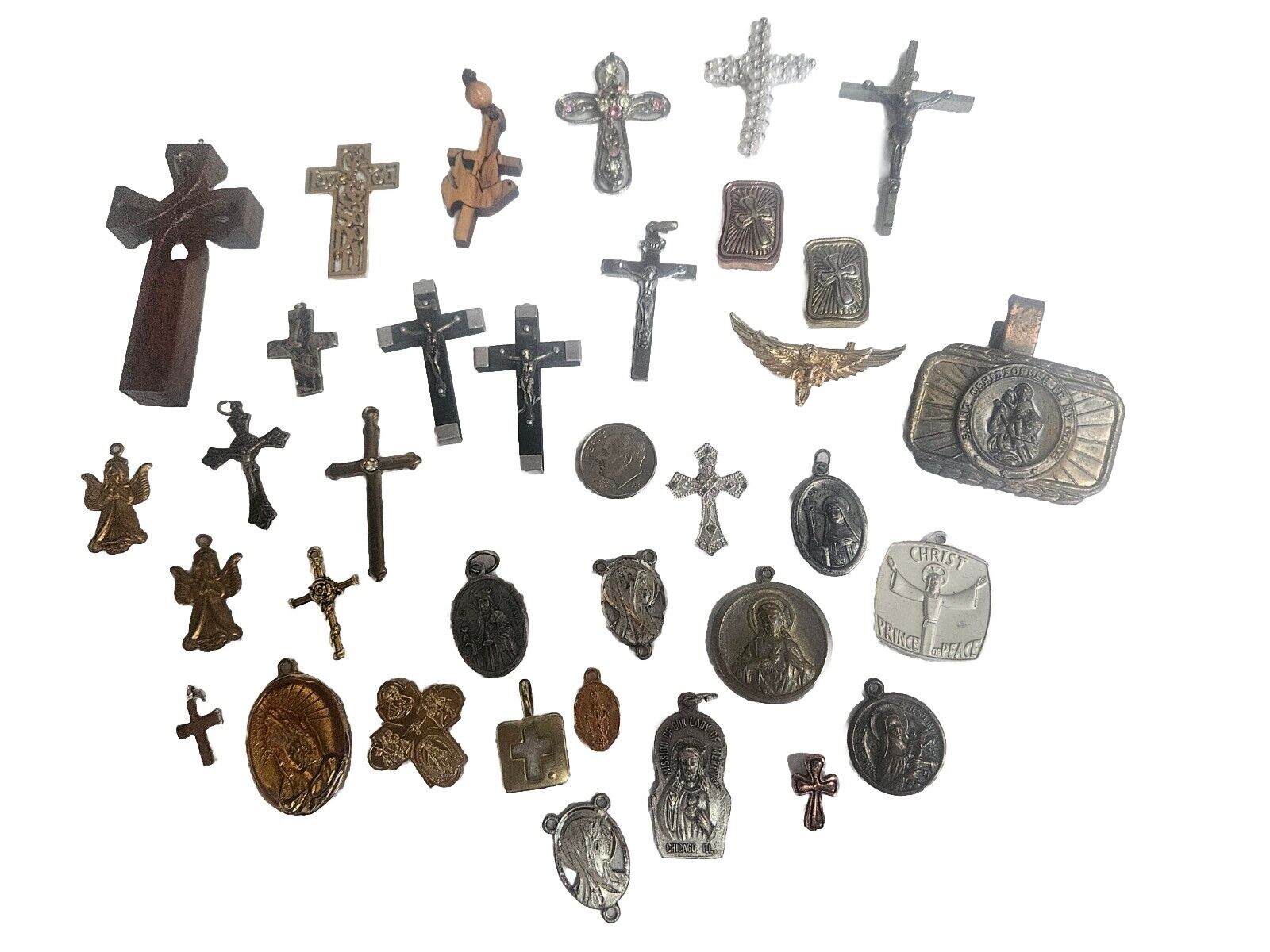 Catholic Christian Lot Crosses Medals Angel Crucifixes More 34 Pieces Vintage 