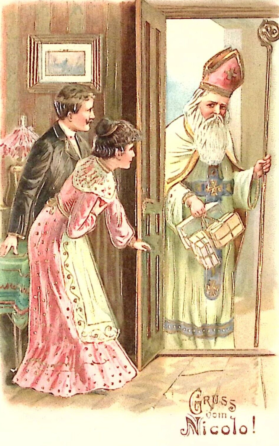 1905 GERMAN Christmas Postcard Young Couple Greet Green Robes St Nicolas at Door