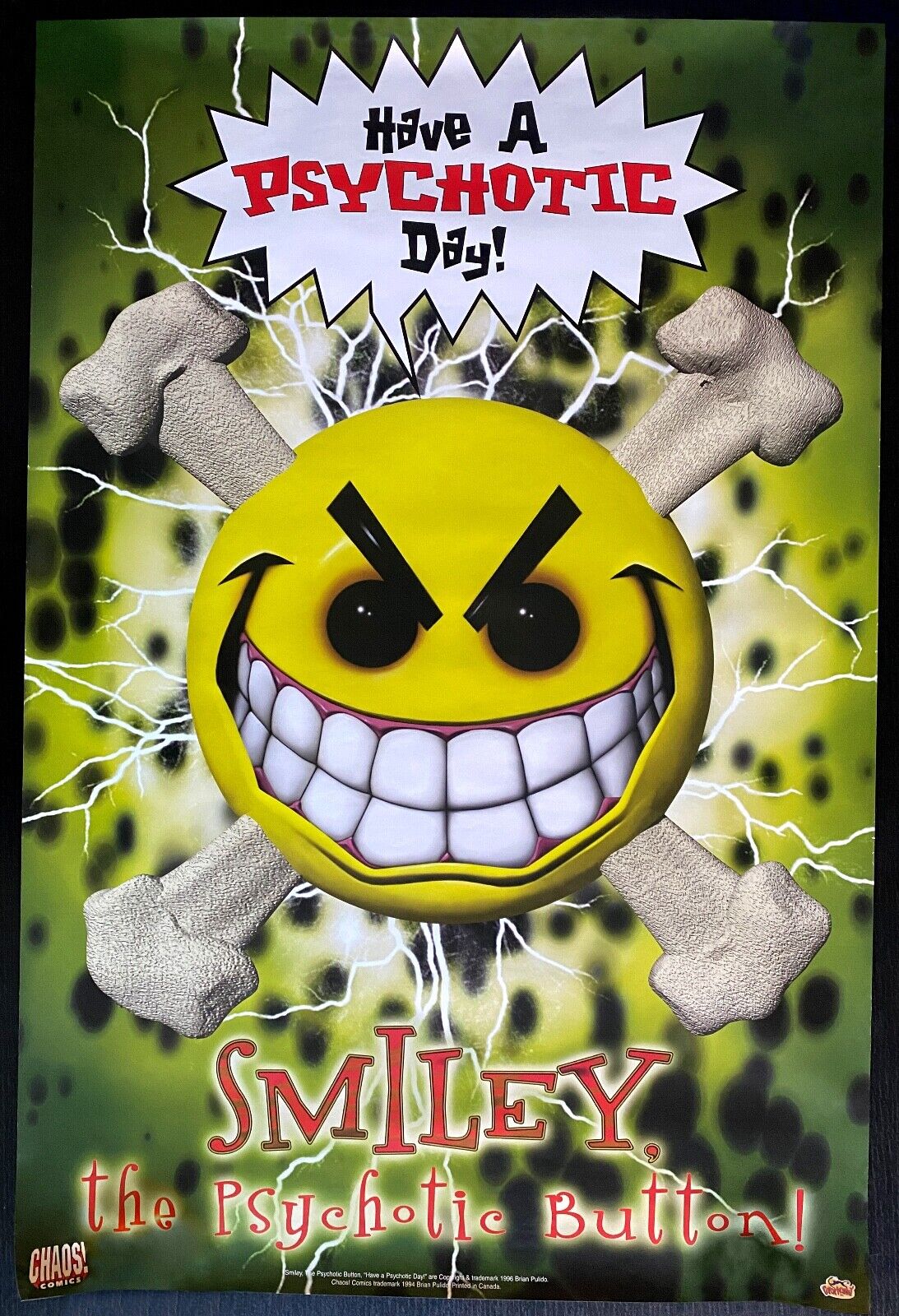 Brand New 1996 Chaos Comics Smiley the Psychotic Button Poster VHTF Vintage