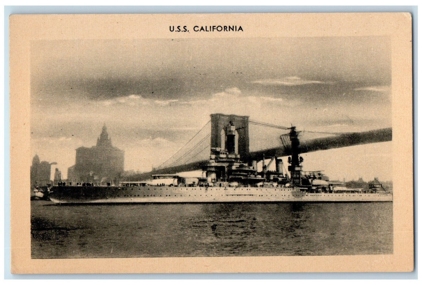 U.S.S California Warship Naval Cruiser Ship Bridge Buildings Scene Postcard
