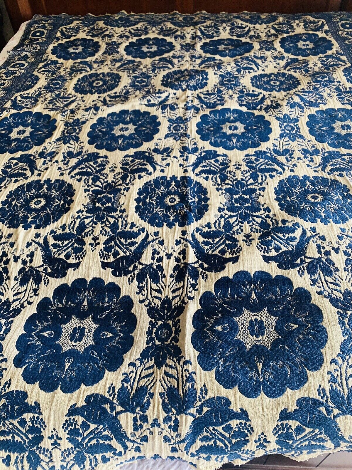 Antique Overshot Jacquard Blue Appalachian Southern Handmade Woven Coverlet