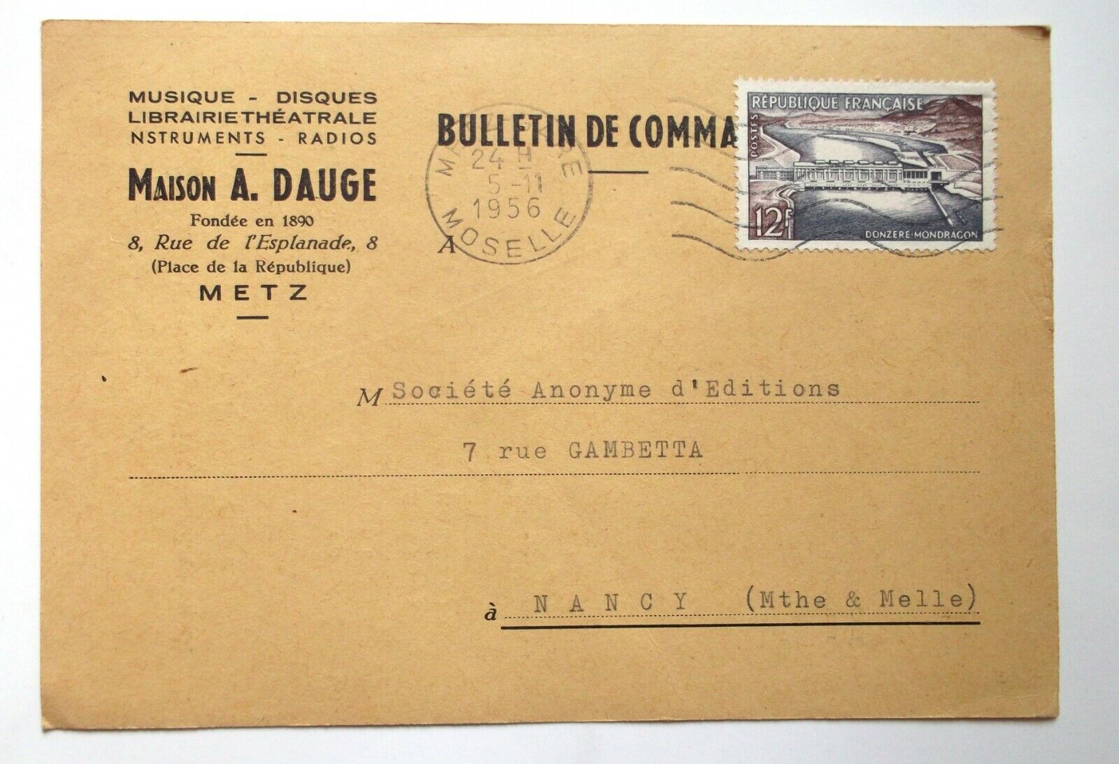 1956 Maison A Dauge Music Disc Metz Commercial Correspondence Postcard