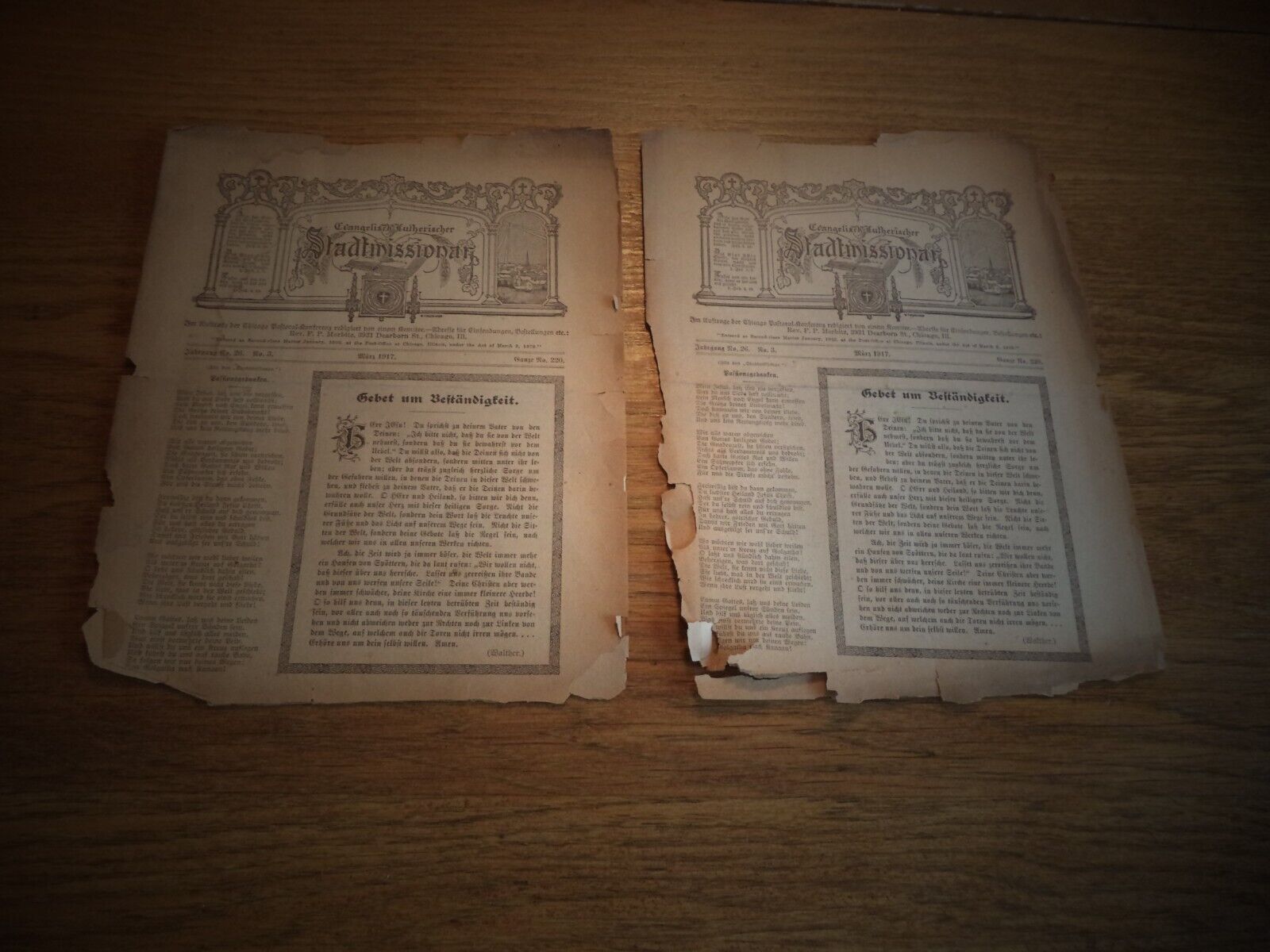 2 COPIES OF ANTIQUE GERMAN NEWSPAPER LUTHERAN STADTMISSIONAR CHICAGO MARCH 1917
