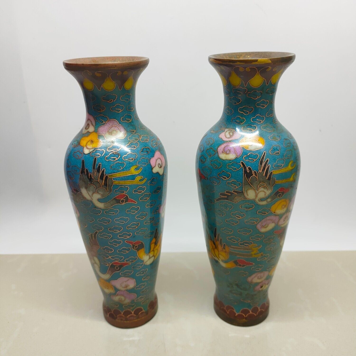 Exquisite old bronze copper Cloisonne enamel cloud crane flower bottle pair vase