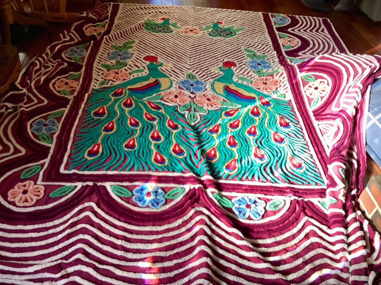 Beautiful Vintage Mid Century Colorful Chenille Peacock Floral Bedspread