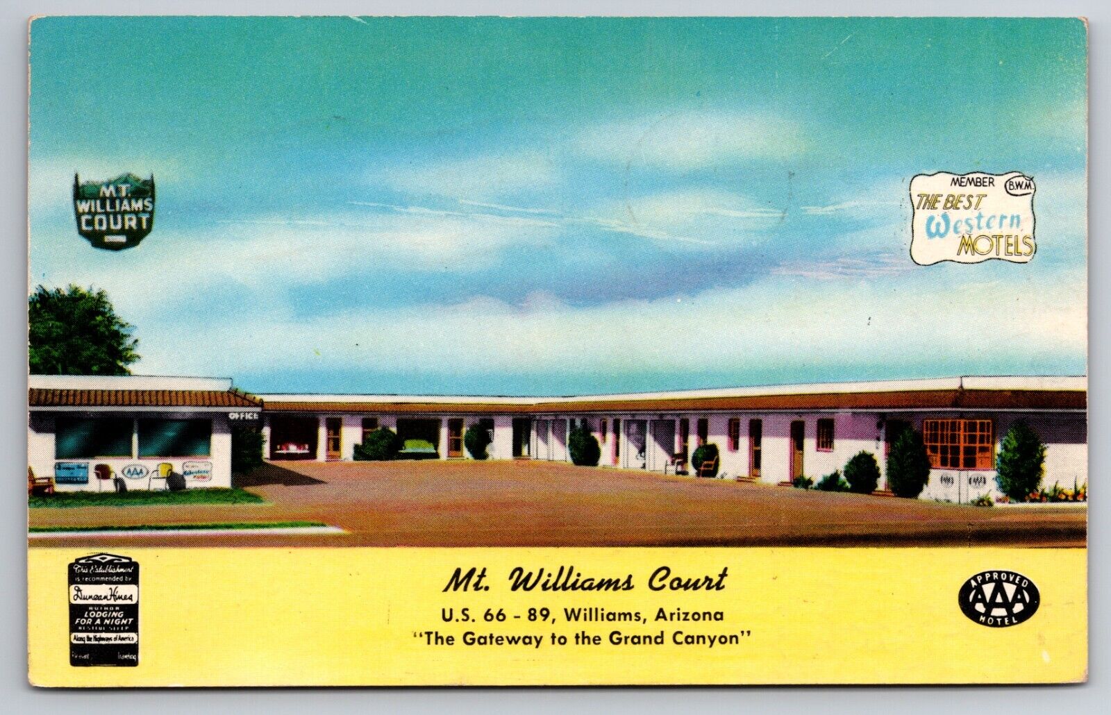 Mt. Williams Court Route 66 Williams Arizona AZ Motel 1952 Postcard