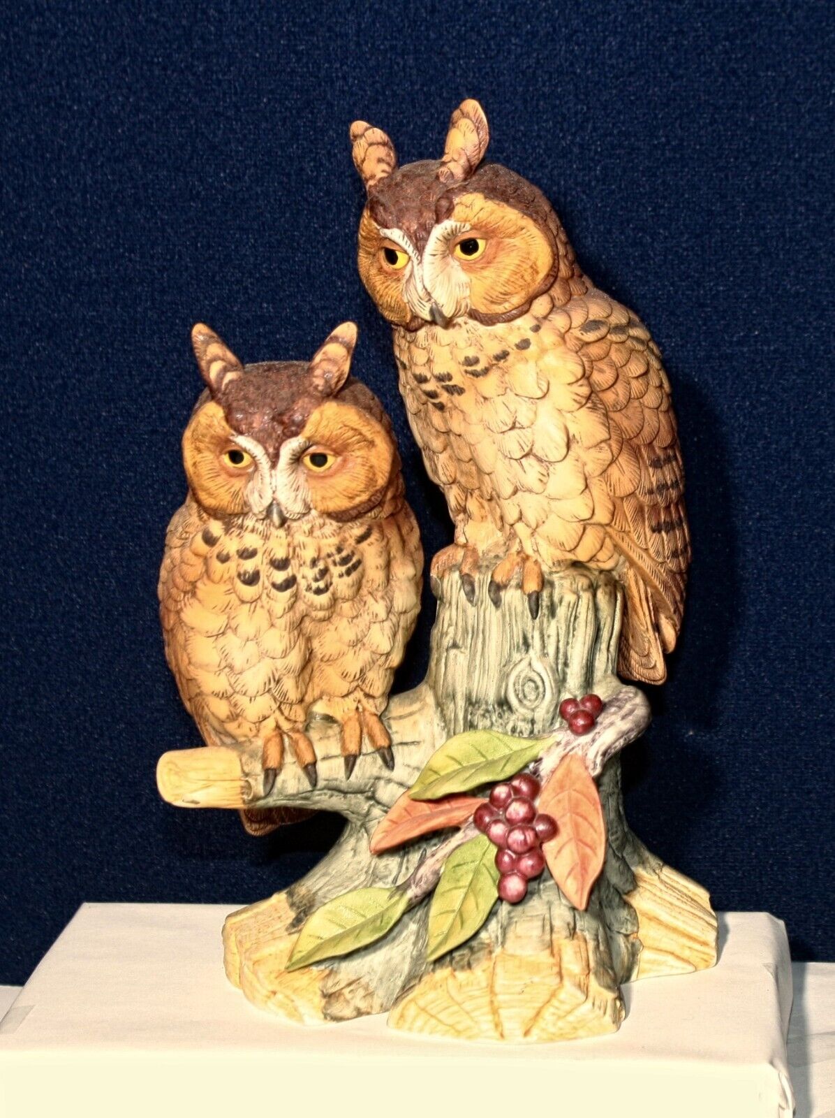 Owls. Vintage Japan, Ceramic pair  roosting on branch,  by Andrea,