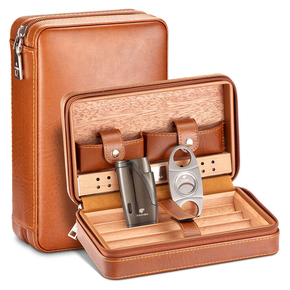 Galiner Leather Cigar Humidor Case 1 Jet Cigar Lighter 2 Blade Cutter Travel Set